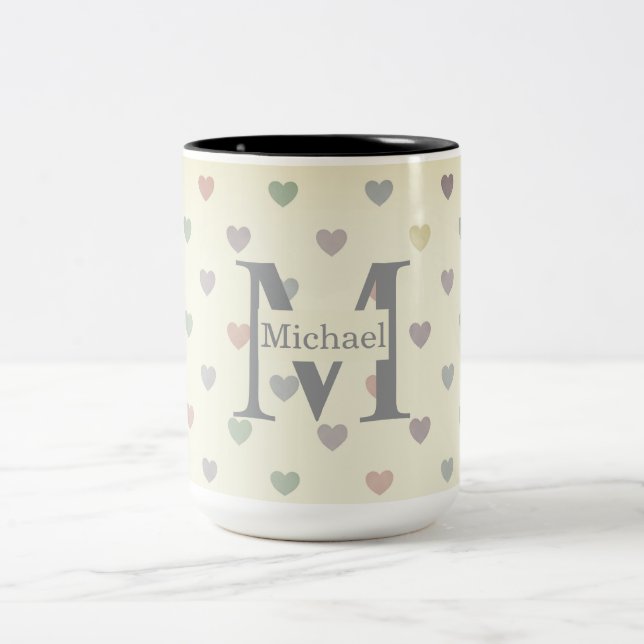 Minimalist Pastel Heart Pattern Custom Monogram  Zweifarbige Tasse (Mittel)