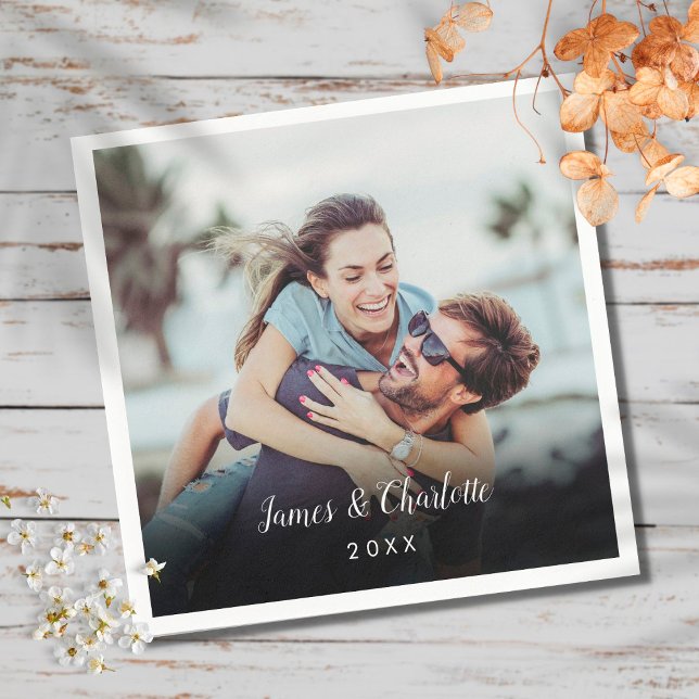 Minimalist Personalized Photo Script Name Date Serviette (Von Creator hochgeladen)