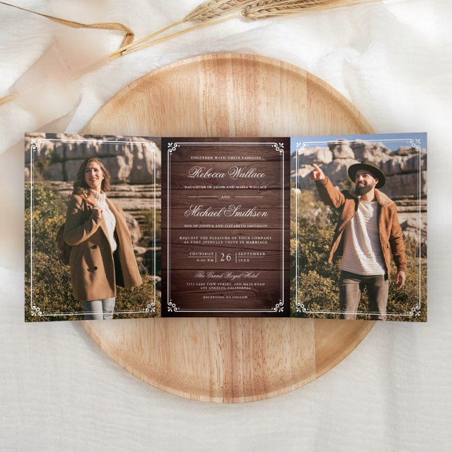 Minimalist Photo Rustic Barn Wood QR Code Wedding Dreifach Gefaltete Einladung (Von Creator hochgeladen)