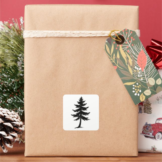 Minimalist Pine Tree – Ink Brush Forest Design on Quadratischer Aufkleber (Feiertag)