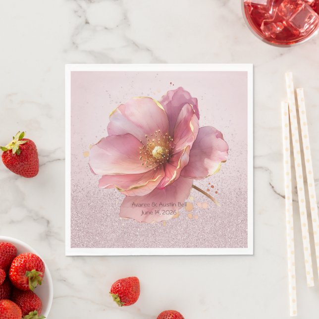 Minimalist Pink and Gold Poppy Wedding Serviette (Beispiel)