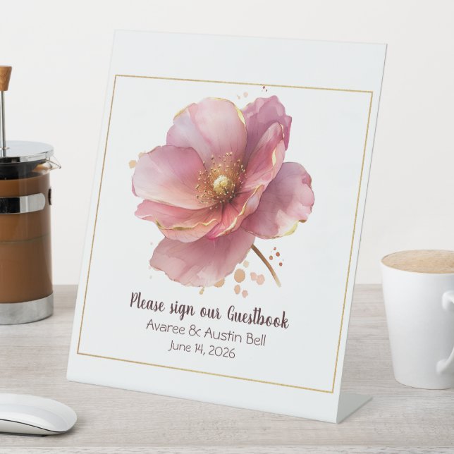 Minimalist Pink and Gold Poppy Wedding Sockelschild (In Situ)