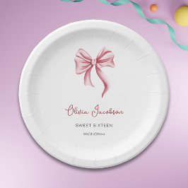 Minimalist Pink Bow Girl Sweet Sixteen Birthday Pappteller