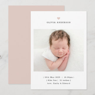 Minimalist Pink Heart Girl Birth Announcement Ankündigung