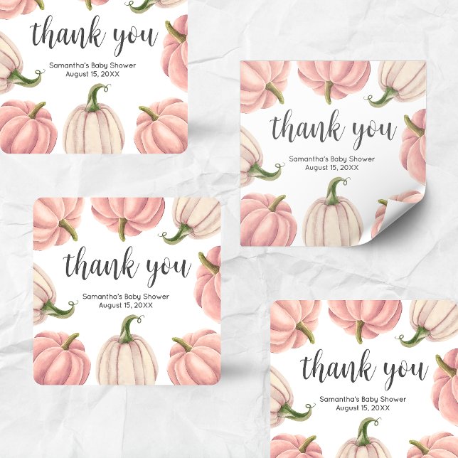 Minimalist Pink Pumpkin Fall Baby Shower Quadratischer Aufkleber (Pink Pumpkin Baby Shower Square Sticker)