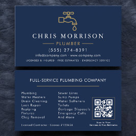 Minimalist Plumber Navy Blue Gold QR Code Visitenkarte