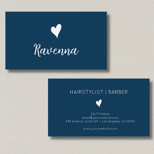 Minimalist Prussian Blue White Heart Barber Name Visitenkarte (Von Creator hochgeladen)