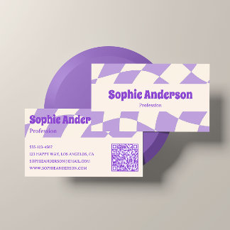 Minimalist Purple Retro Wavy Pattern QR Code  Visitenkarte