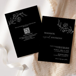 Minimalist QR Code Black Floral Line Art Wedding  Einladung