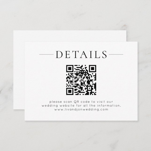 Minimalist QR Code Black White Wedding Details Begleitkarte (Vorne/Hinten)