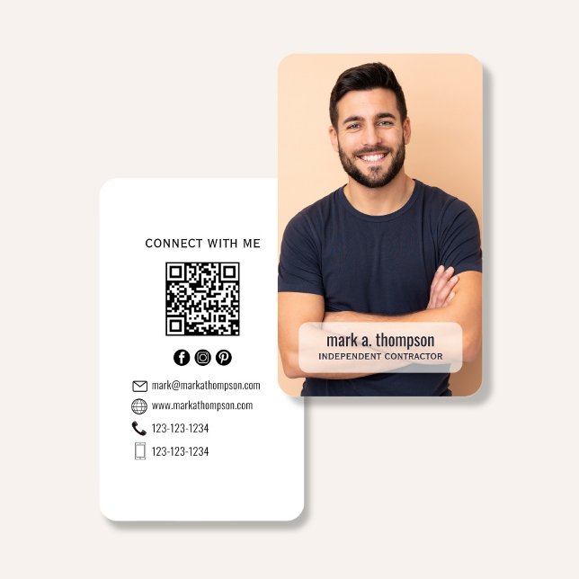 Minimalist QR Code Photo Connect Modern White Visitenkarte (Minimalist white QR code business card with photo and clean modern black typography)