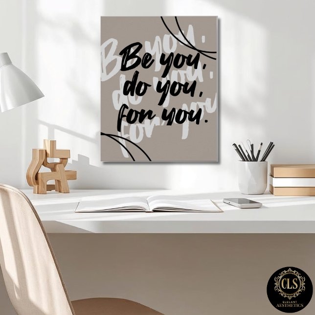 Minimalist Quote Poster - Taupe (office desk with inspirational poster in taupe on the wall)