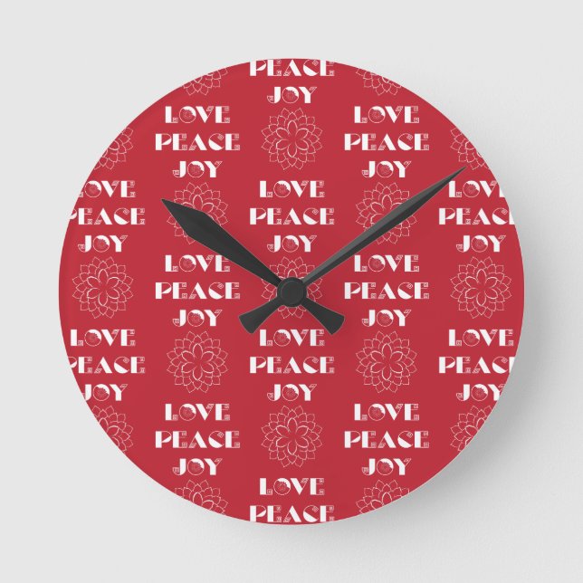 Minimalist Red and White Love, Peace, Joy Runde Wanduhr (Vorderseite)