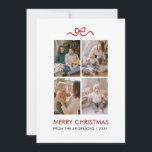 Minimalist Red Ribbon 4 Photo Merry Christmas Feiertagskarte<br><div class="desc">Celebrate the holiday season with this clean and modern four-photo grid Christmas card featuring a delicate red ribbon accent. The minimalist layout and elegant typography allow your family’s most precious moments to take center stage for a timeless holiday keepsake.</div>
