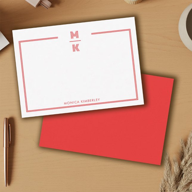 Minimalist Red Two Border Monogram Note Card Mitteilungskarte (Minimalist Red Two Border Monogram Note Card)
