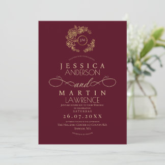 Minimalist Romantic Script Burgundy Gold Wedding  Einladung