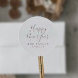 Minimalist Rose Gold Happy New Year Holiday Gift Runder Aufkleber<br><div class="desc">These minimalist rose gold Happy New Year holiday gift stickers are perfect for a simple holiday present or holiday card. The design features classic blush pink and white typography paired with a rustic yet elegant script font with hand lettered style. Personalize the stickers with your name.</div>