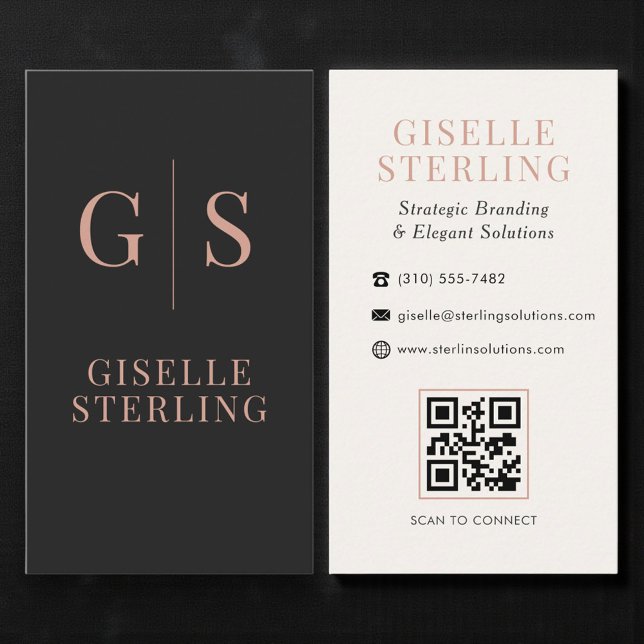 Minimalist Rose Gold Monogram Black QR Code Visitenkarte (Von Creator hochgeladen)