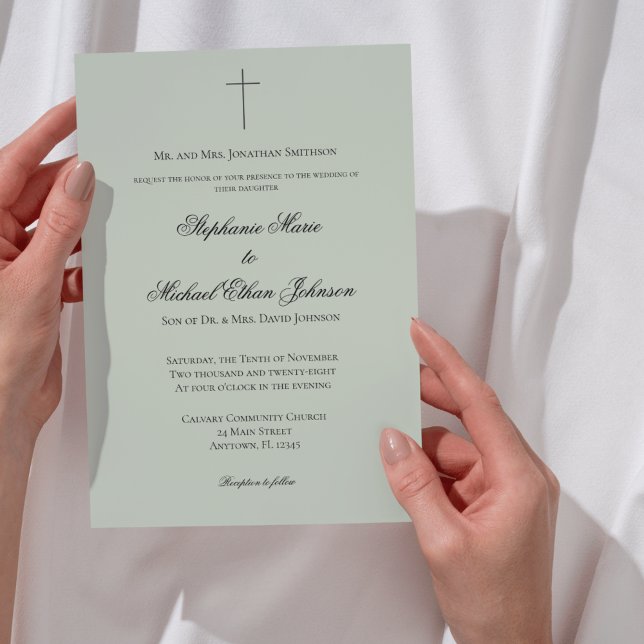 MINIMALIST Sage Green Cross Formal Wedding Einladung (MINIMALIST Sage Green Cross Formal Wedding Invitation)