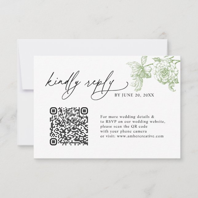 Minimalist Sage Green QR code Wedding RSVP Cards (Devant)