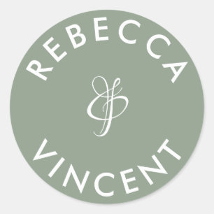 Minimalist Sage Grün Hochzeit Personalisierte Name Runder Aufkleber