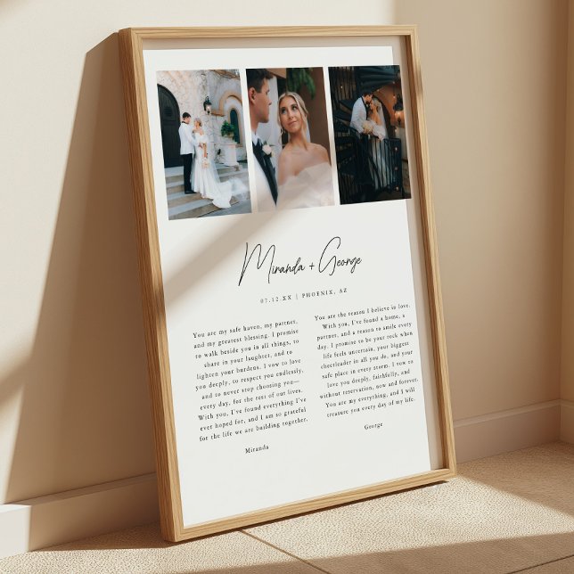 Minimalist Script 3-Photo Custom Wedding Vows Poster (Von Creator hochgeladen)