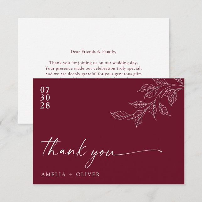 Minimalist Script Burgundy Botanical Wedding Dankeskarte (Vorne/Hinten)
