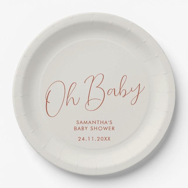 Minimalist Script ivory Oh Baby Shower date Pappteller (Vorderseite)