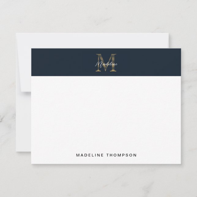 Minimalist Script Metallic Navy Blue Gold Monogram Mitteilungskarte (Vorderseite)