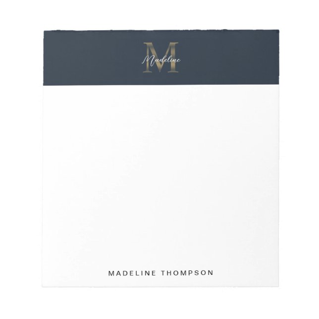 Minimalist Script Metallic Navy Blue Gold Monogram Notizblock (Vorderseite)