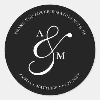 Minimalist Script Monogram Wedding Black Runder Aufkleber
