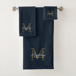 Minimalist Script Navy Blue Metallic Gold Monogram Badhandtuch Set