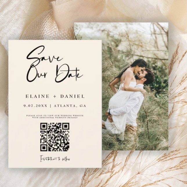 Minimalist Script QR Code Photo Save The Date (Von Creator hochgeladen)