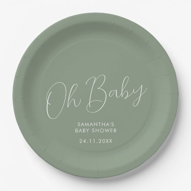 Minimalist Script Sage Green Oh Baby Shower date Pappteller (Vorderseite)