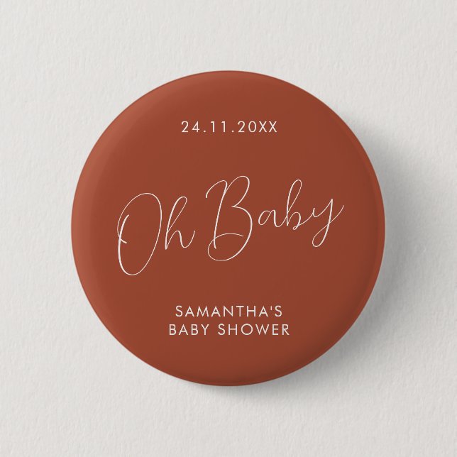 Minimalist Script terracotta Baby Shower elegant Button (Vorderseite)