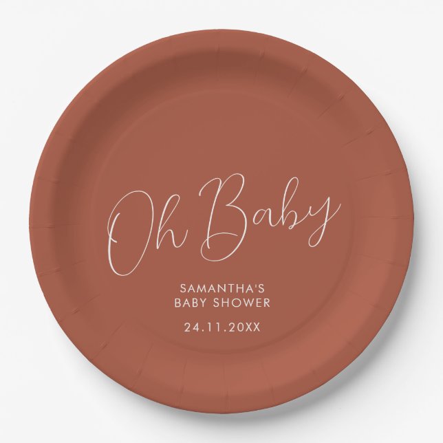 Minimalist Script terracotta Oh Baby Shower date Pappteller (Vorderseite)