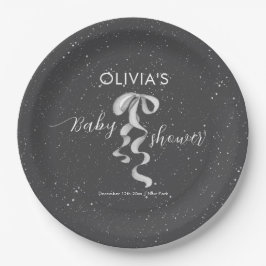 Minimalist Silver Bow Winter Snow Baby Shower Pappteller
