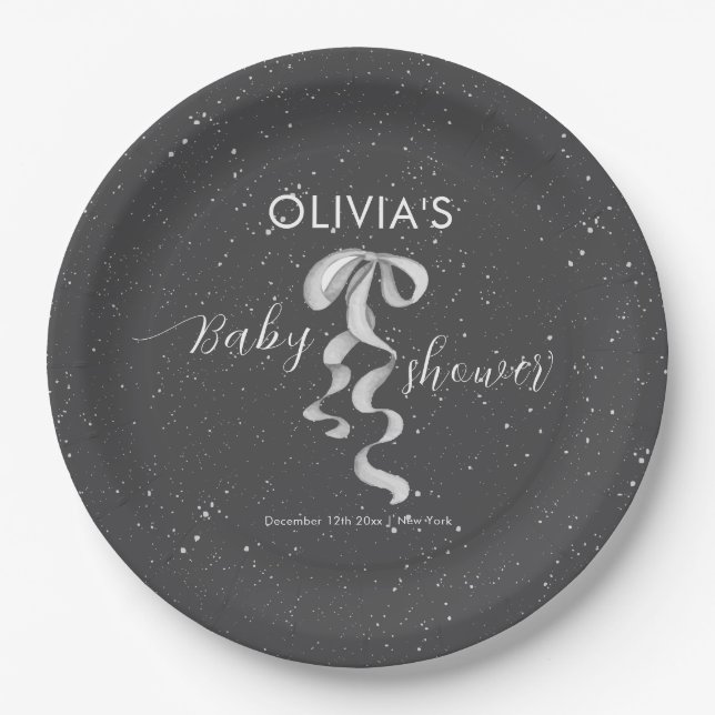 Minimalist Silver Bow Winter Snow Baby Shower  Pappteller (Vorderseite)