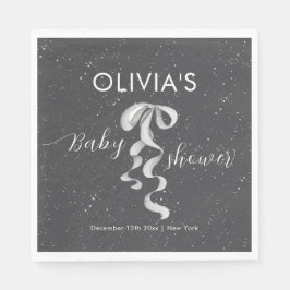 Minimalist Silver Bow Winter Snow Baby Shower Serviette