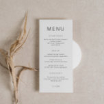 Minimalist Simple Font Wedding Menu Card Menükarte<br><div class="desc">Diese individuell anpassbare Karte für Hochzeitsmenüs ist auf unsere Minimalist All In One Collection abgestimmt und zeichnet sich durch ein sauberes und einfaches Layout mit einfacher Schrift aus. Für eine erweiterte Anpassung dieses Designs, z.B. das Ändern des Layouts, des Schriftartes oder der Textgröße, klicken Sie bitte auf den obigen Button...</div>