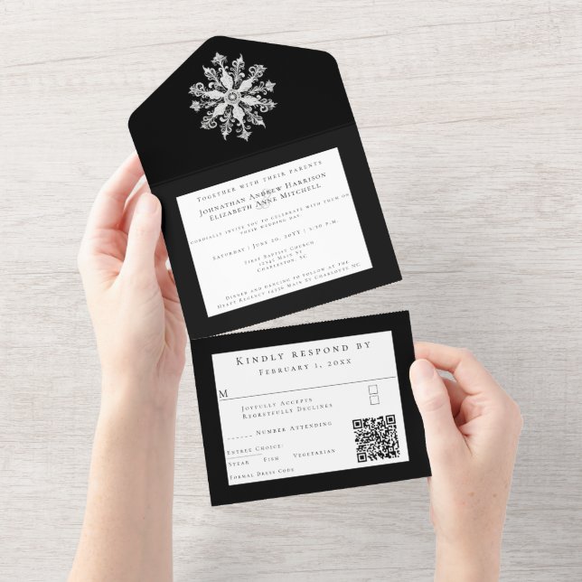 Minimalist Snowflake Wedding | Black All In One Einladung (Abreißen)