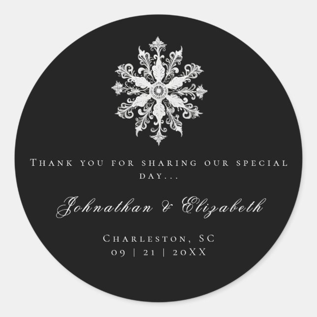 Minimalist Snowflake Wedding | Black Favor Runder Aufkleber (Vorderseite)