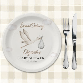 Minimalist Stork-Themed Baby Shower Neutral Pappteller