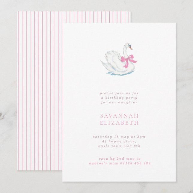 Minimalist Swan and Pink Bow Girls Birthday Party Einladung (Vorne/Hinten)