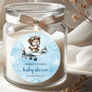 Minimalist Teddybär-Pilot-Flugzeug Blau Braun  Runder Aufkleber