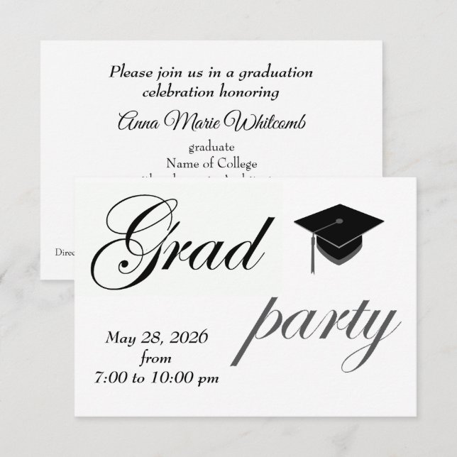 Minimalist Text College Graduation Party  Einladung (Vorne/Hinten)