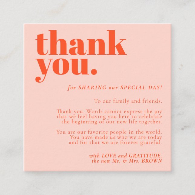 Minimalist Thank You left Orange Pink Begleitkarte (Vorderseite)