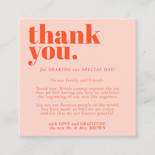 Minimalist Thank You Orange Pink Begleitkarte (Vorderseite)