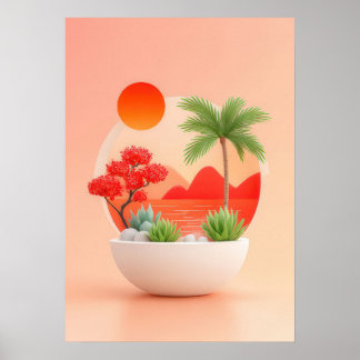 Minimalist tropical island scene in a bowl poster