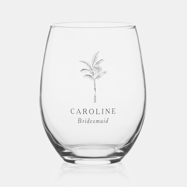 Minimalist Tropical Palm Tree BRIDESMAID Monogram Weinglas Ohne Stiel (Vorderseite)